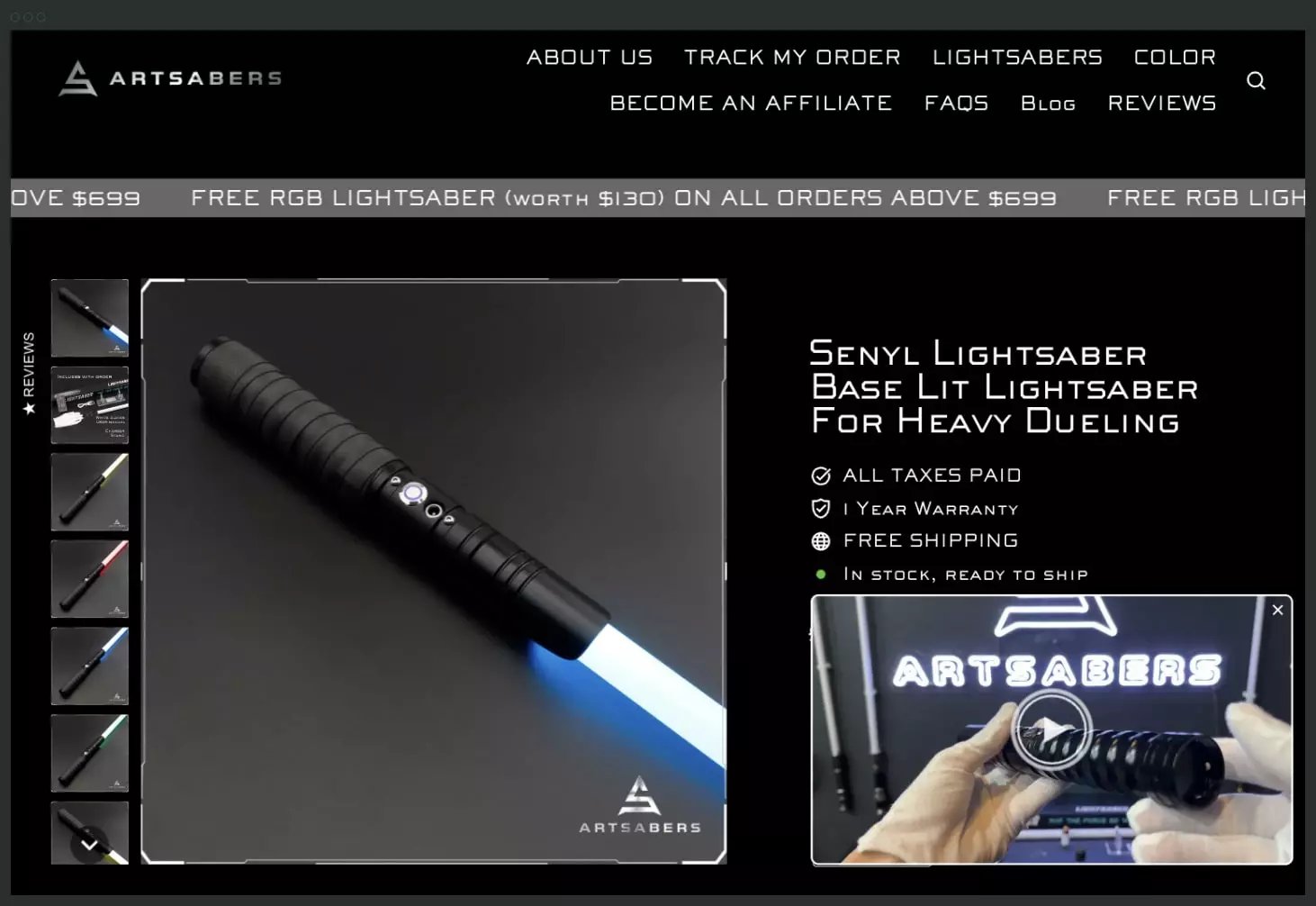 Shopify shoppable video Artsabers