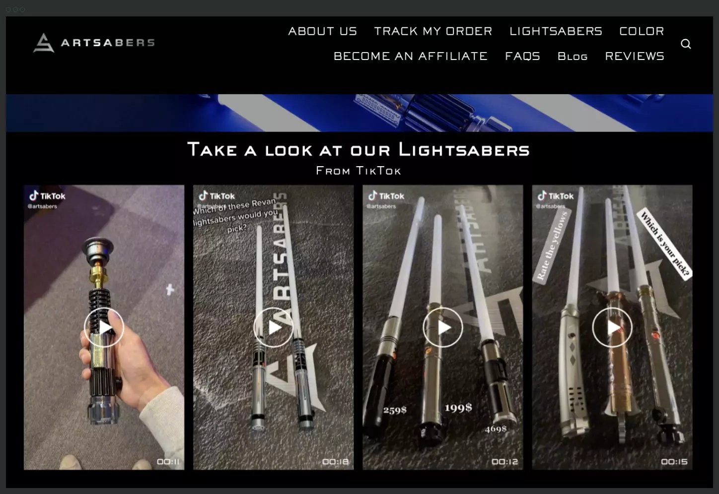 Shopify shoppable video Artsabers