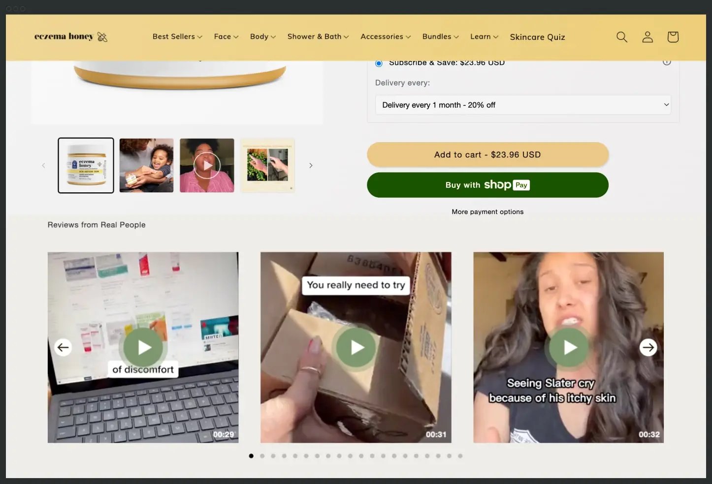 Shopify shoppable video Eczema Honey