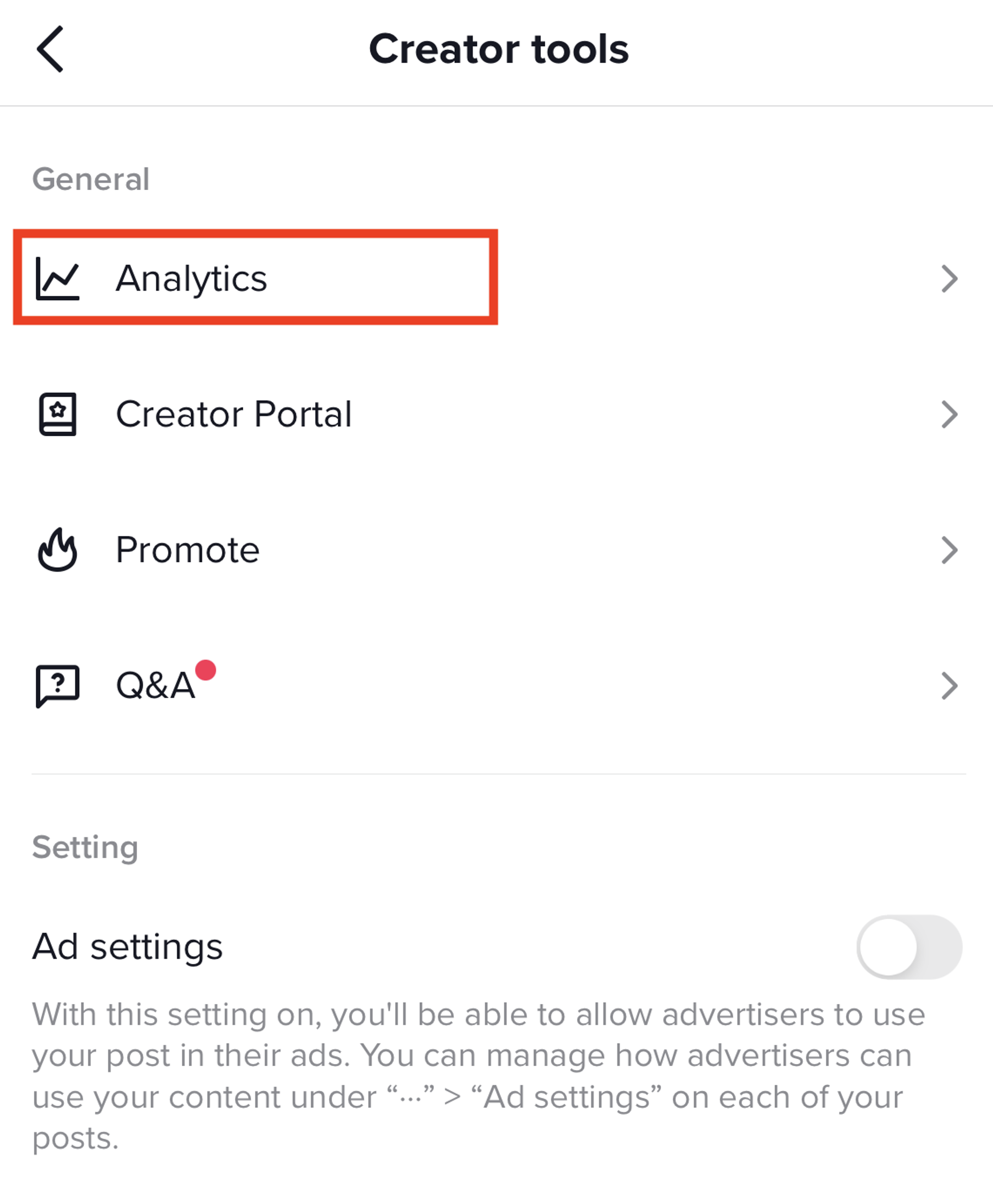 Option for accessing TikTok analytics on mobile